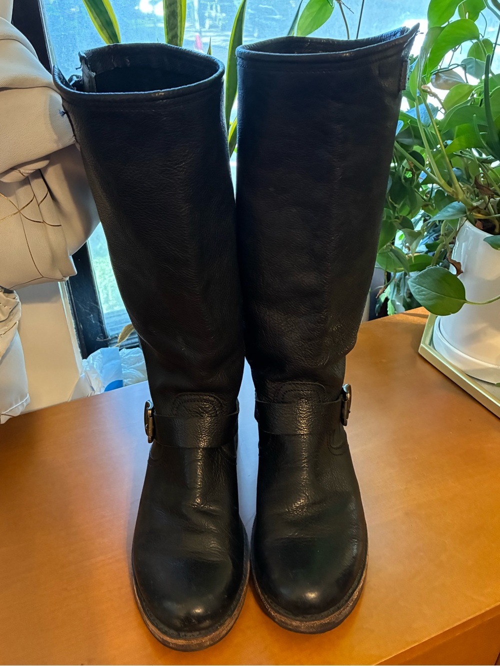 Frye Black Leather Veronica Slouch Mid-Calf Moto Engineer Boots Grunge Vibe